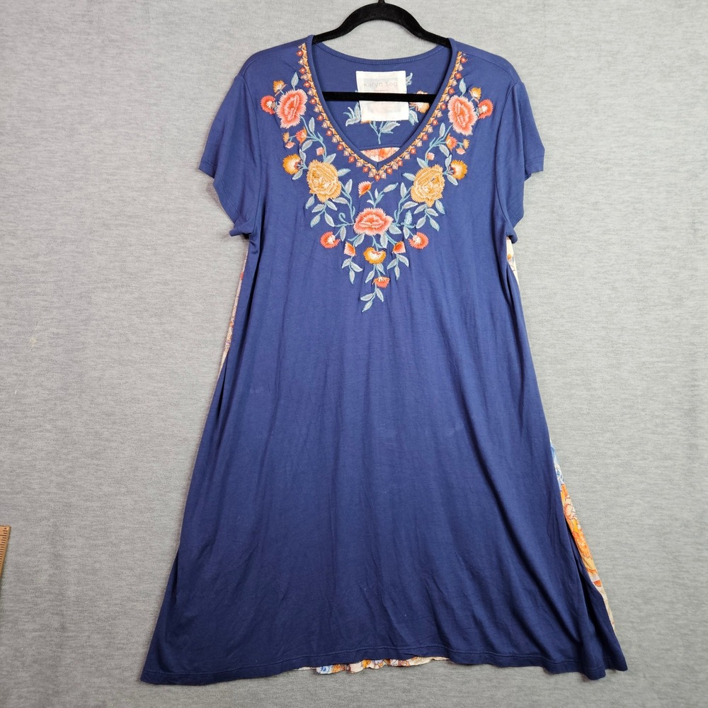 Karyn Seo Navy Blue Floral Embroidered Mixed Media V-Neck Dress Sz L Boho